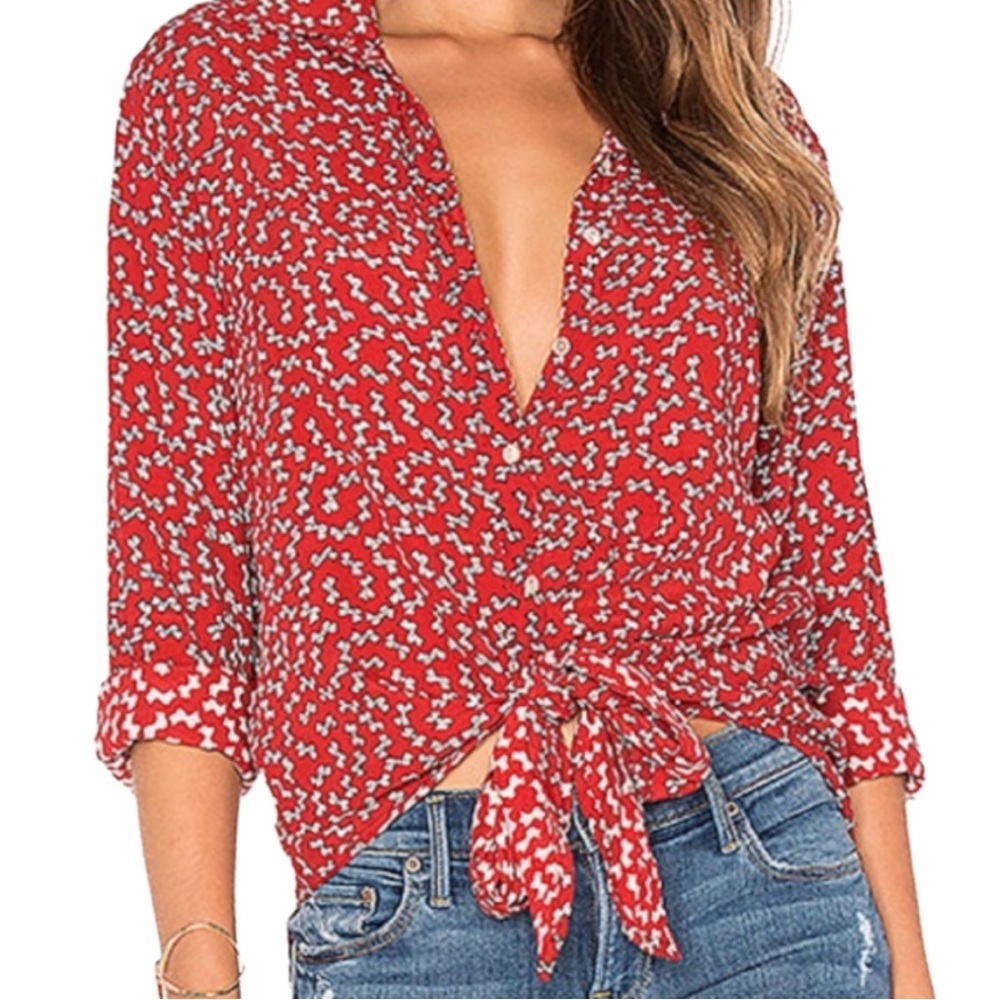 Faithfull the Brand Red Print Bow Tie Front Shirt Oversized 2